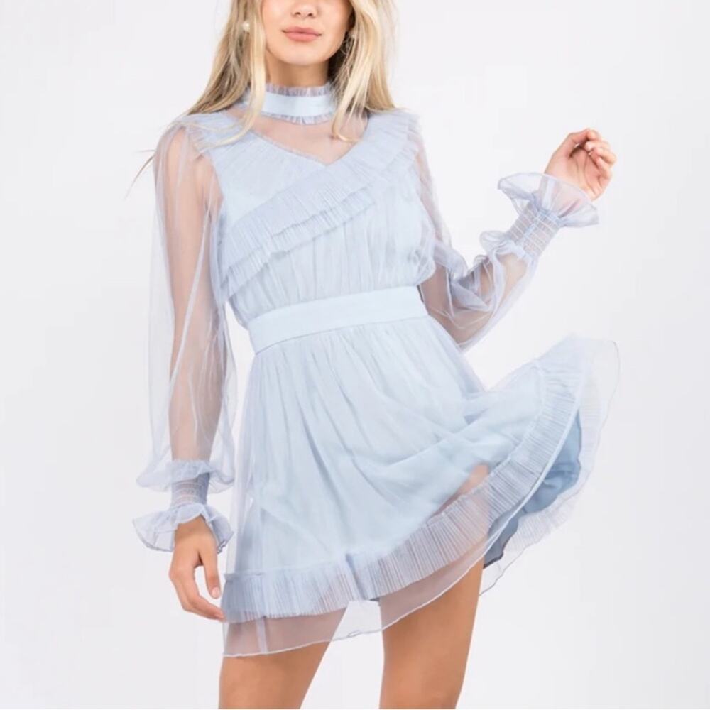 Anthropologie Whiteroom + Cactus NWT Sheer Sleeve Ruffle Blue Mini Dress Small